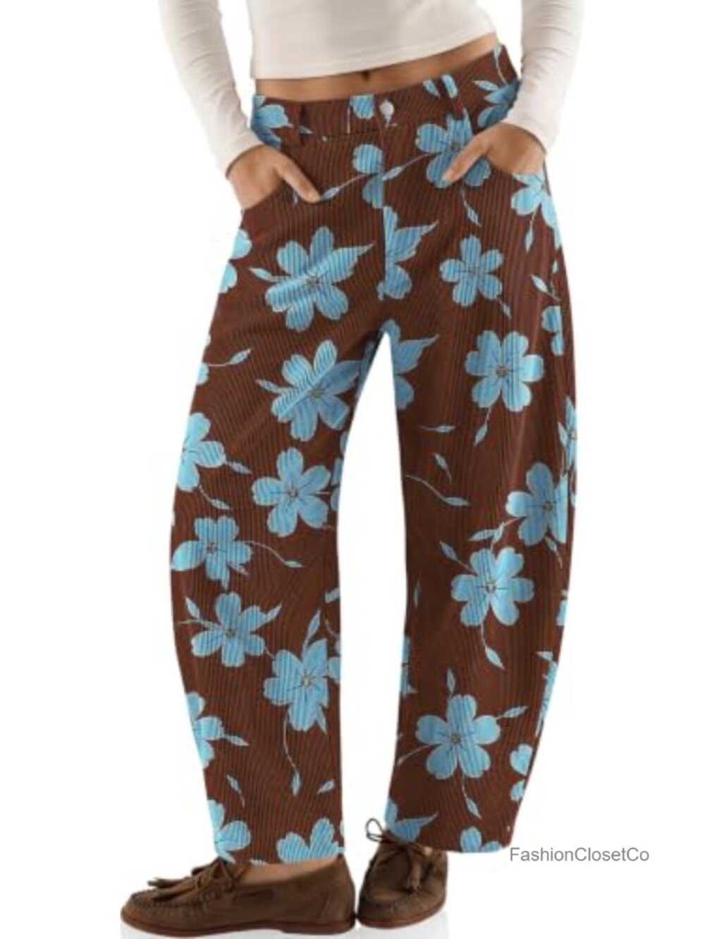 Barrel Corduroy Pants Wide Leg Tapered Ankle High Rise Trousers